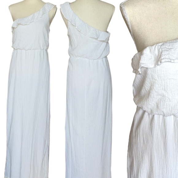 Jodi Kristopher White One-Shoulder Ruffle Column Maxi Dress Crinkle Cotton - Picture 11 of 11